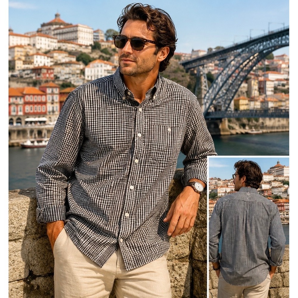 J Peterman Shirt Mens Large Check Black GIngham Button Up Long Sleeve Portugal